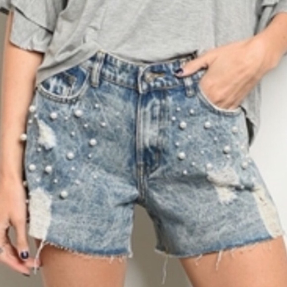 Blue jean pearl embellished shorts